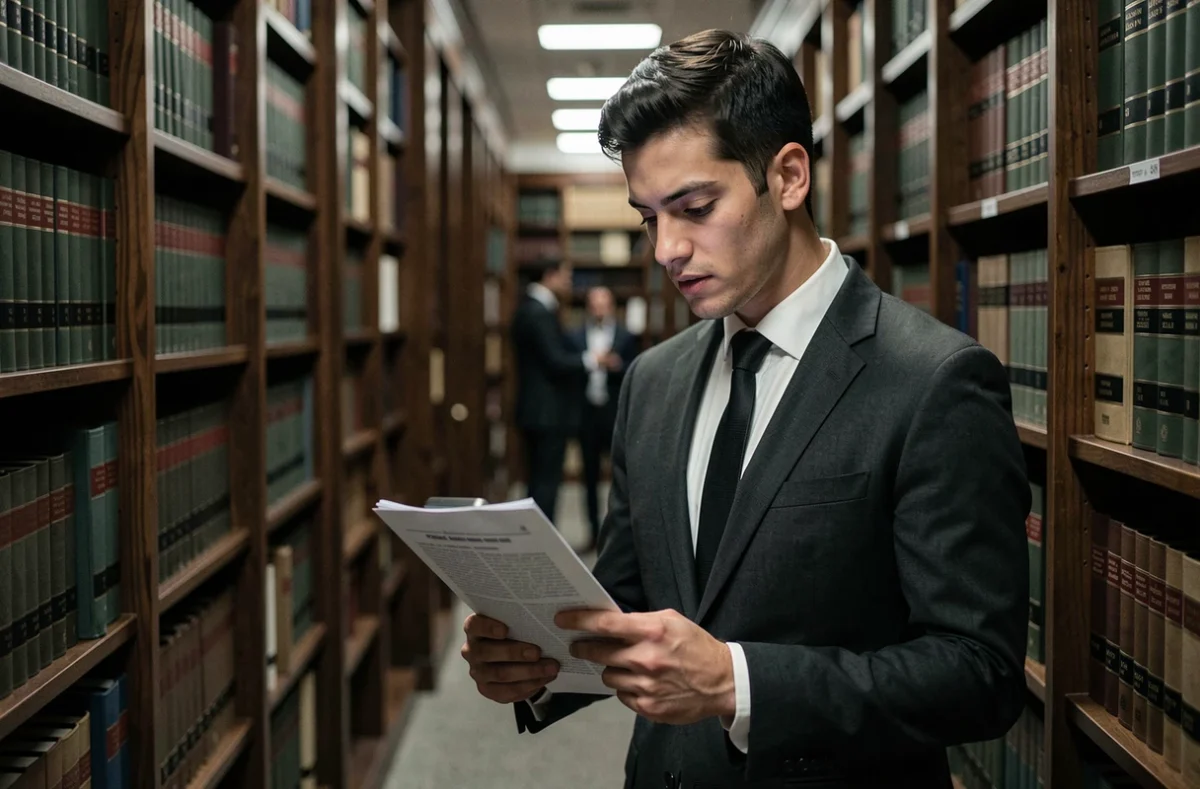 Jeune avocat consultant un document juridique et son smartphone dans une bibliothèque de droit, représentant les obligations légales liées à l'enregistrement de conversations en entreprise