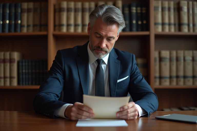 Avocat en costume tenant un document dans un bureau law