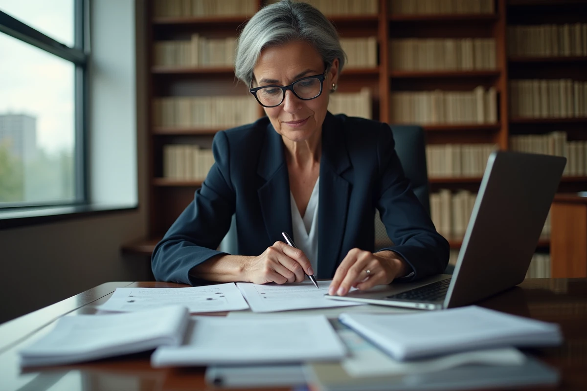 Avocate spécialisée consultant un dossier de liquidation judiciaire en cabinet