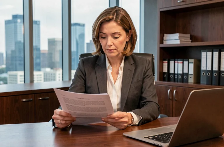 Avocate spécialisée en droit commercial examinant des documents de restructuration d'entreprise dans une salle de réunion de cabinet juridique moderne