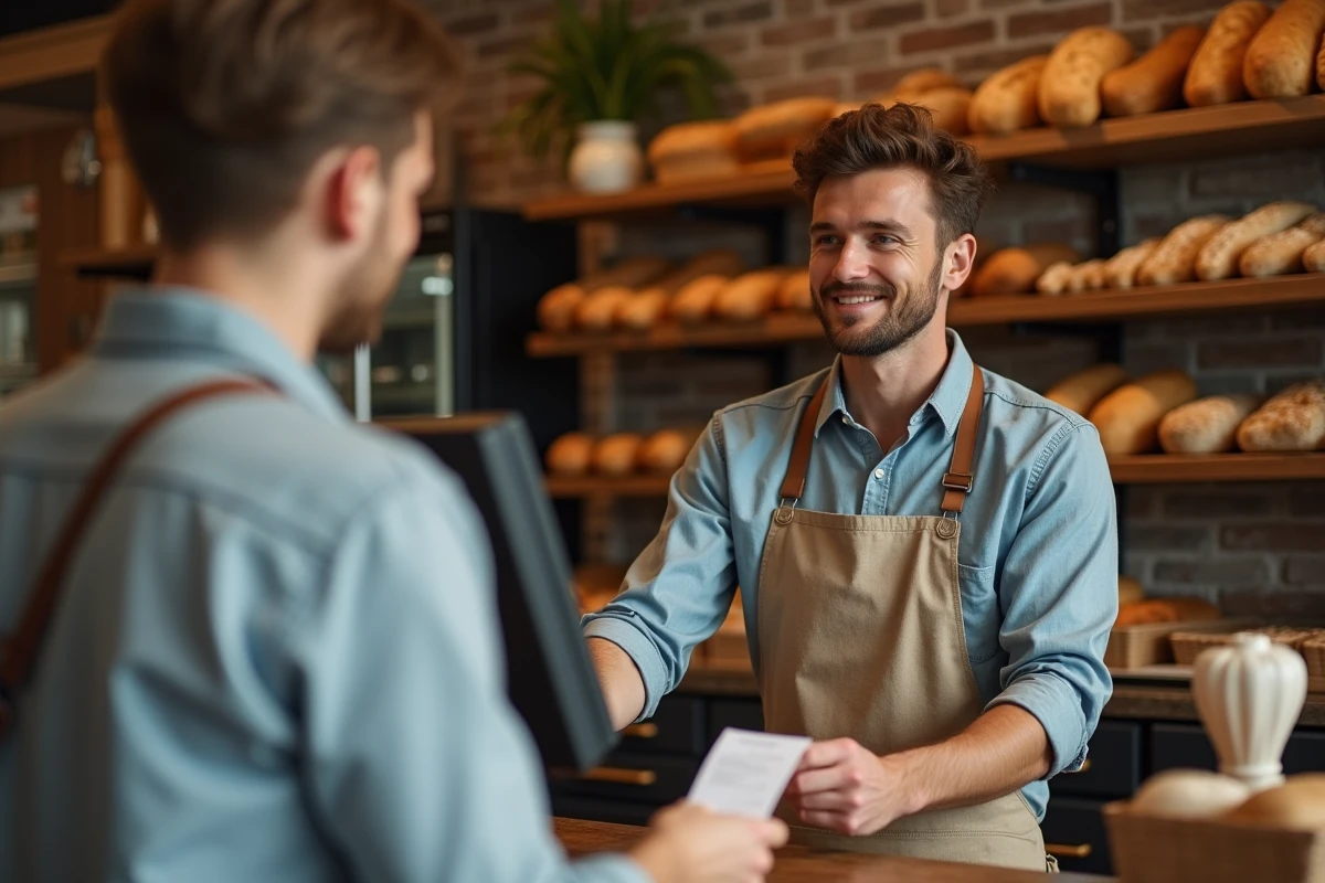 Boulanger artisan remettant un reçu avec TVA à un client dans une boulangerie traditionnelle