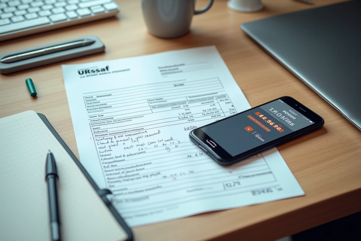 Vue de dessus d'un bureau avec formulaire Urssaf, calculs manuscrits et confirmation de paiement de cotisations d'indépendant
