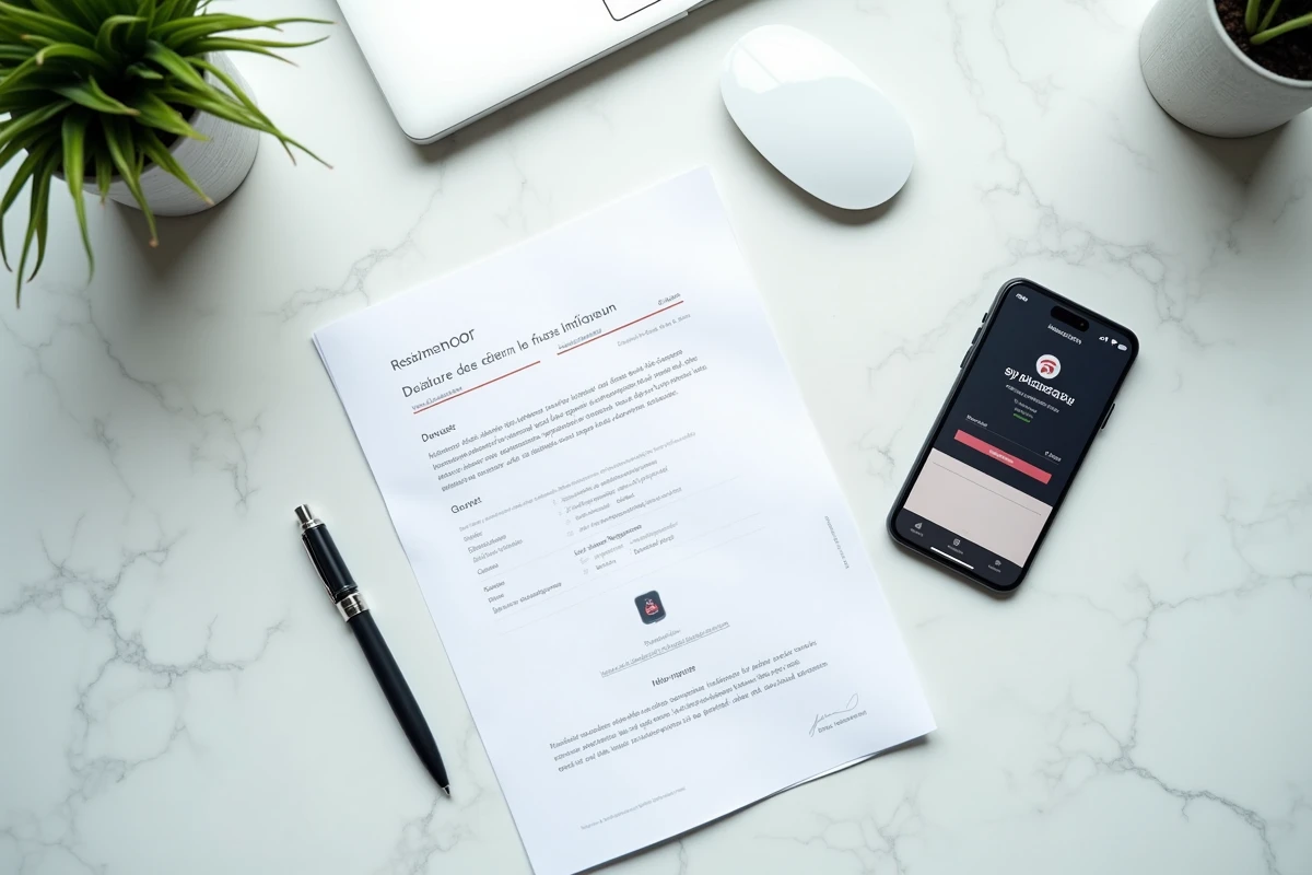 Vue de dessus d'un bureau avec un extrait Kbis imprimé, un smartphone affichant Infogreffe et un stylo