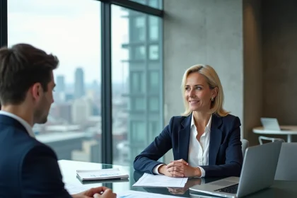 Business angel femme analysant le dossier d'un entrepreneur lors d'une réunion d'investissement dans un espace de co-working moderne