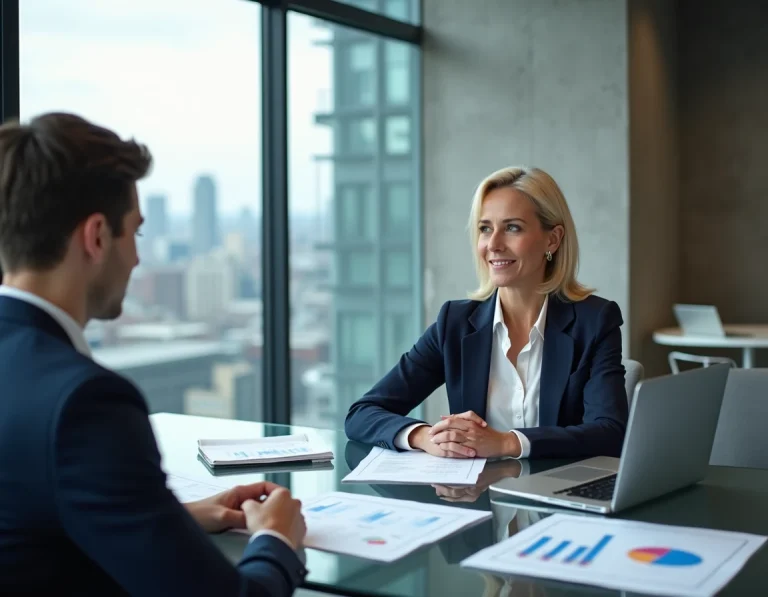Business angel femme analysant le dossier d'un entrepreneur lors d'une réunion d'investissement dans un espace de co-working moderne