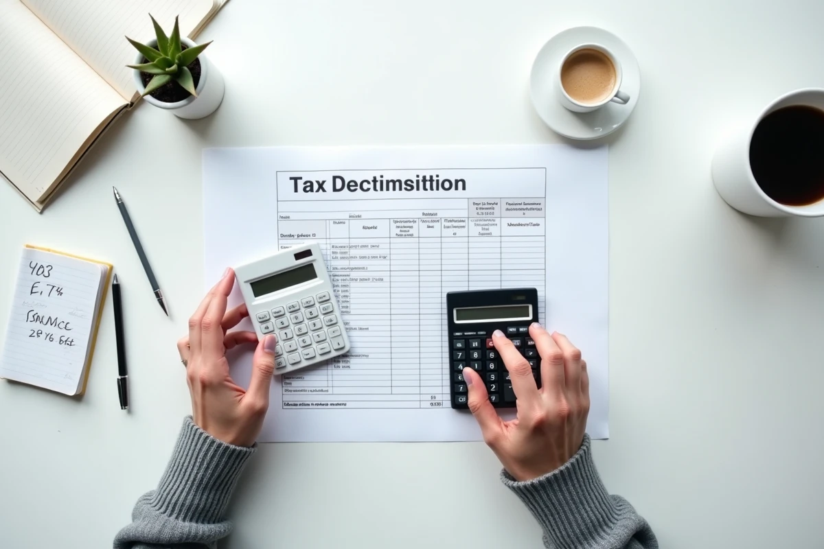 Calcul des charges d'une micro-entreprise avec formulaire fiscal, calculatrice et notes manuscrites sur un bureau