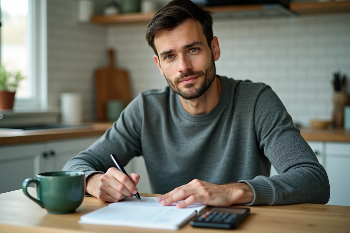 Homme calculant ses droits au chômage après une rupture conventionnelle avec des notes manuscrites à la maison
