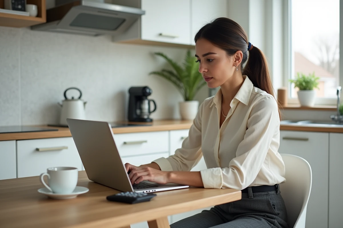 Femme calculant son indemnité de rupture conventionnelle sur un ordinateur portable à domicile