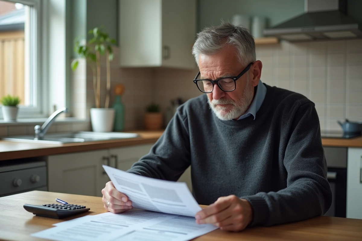 Homme calculant ses indemnités de licenciement économique avec des documents officiels sur une table de cuisine