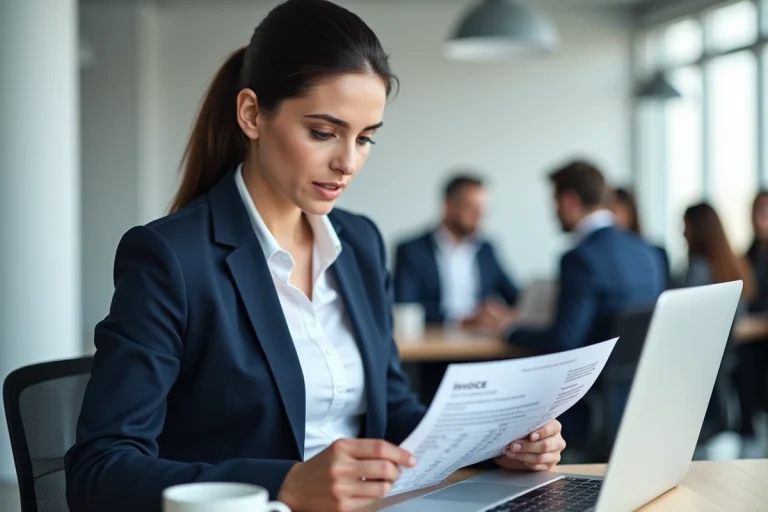 Femme comptable en bureau analysant des factures pour calculer la TVA