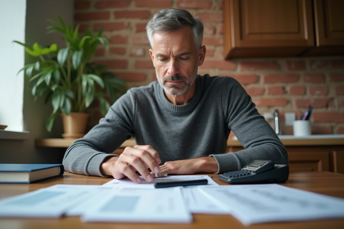 Chef d'entreprise calculant la TVA avec une calculatrice et des documents fiscaux