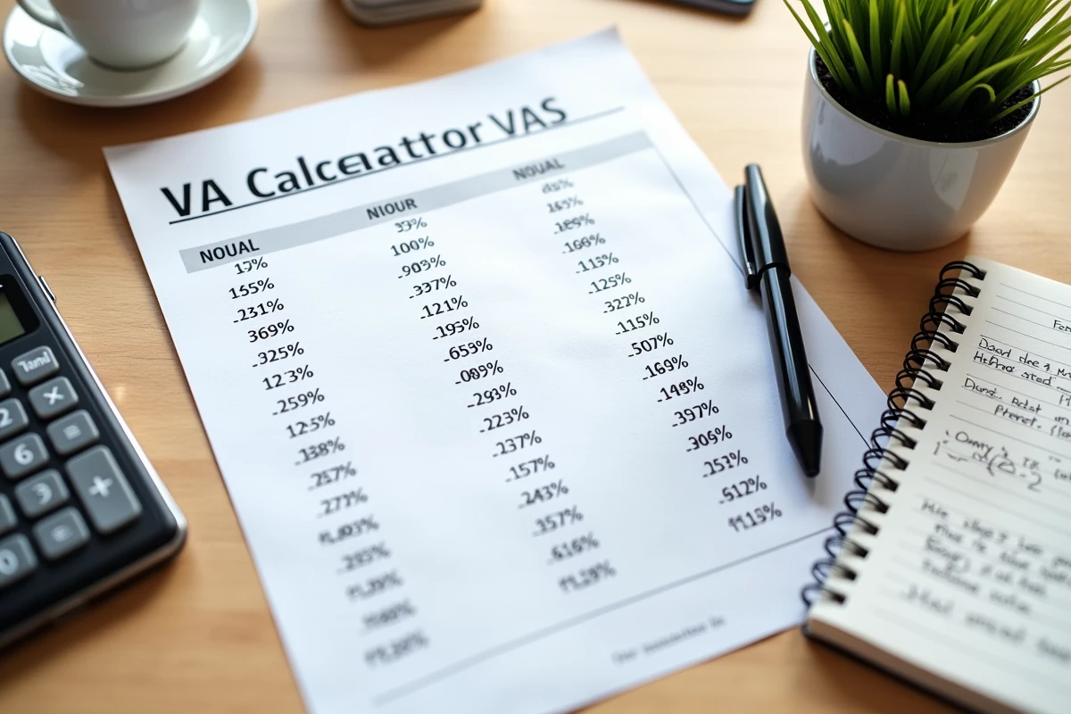 Vue aérienne d'un bureau avec documents de calcul TVA, calculatrice et notes manuscrites