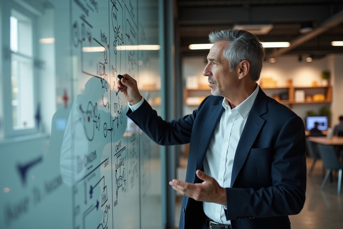 PDG présentant une stratégie d'innovation réseau devant un tableau blanc avec diagrammes en entreprise