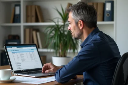 Chef d'entreprise consultant son avis de CFE 2026 sur un ordinateur portable dans son bureau à domicile