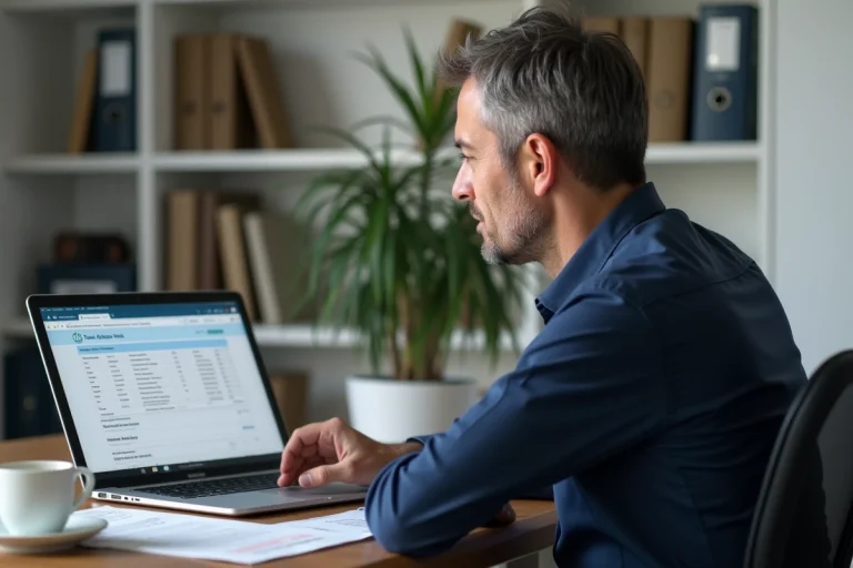 Chef d'entreprise consultant son avis de CFE 2026 sur un ordinateur portable dans son bureau à domicile