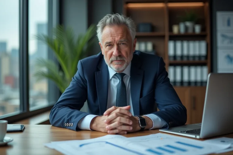 Chef d'entreprise en costume devant des documents juridiques et financiers réfléchissant à la fermeture de son entreprise