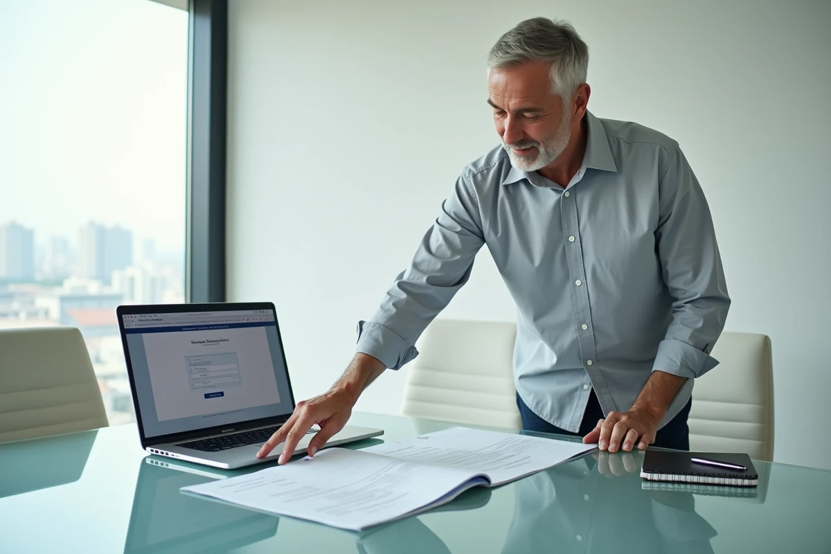 Chef d'entreprise présentant un extrait Kbis et un ordinateur portable lors d'une réunion professionnelle