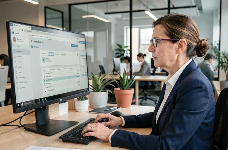 Cheffe d'entreprise consultant un logiciel de facturation électronique dans une PME française moderne