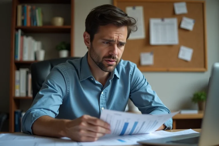 Homme auto-entrepreneur consultant ses documents administratifs de cumul chômage et revenus à son bureau à domicile