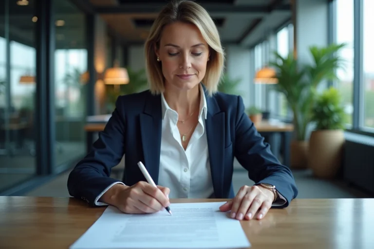 Femme cadre en blazer marine analysant une clause d'exclusivité dans un contrat de travail à son bureau