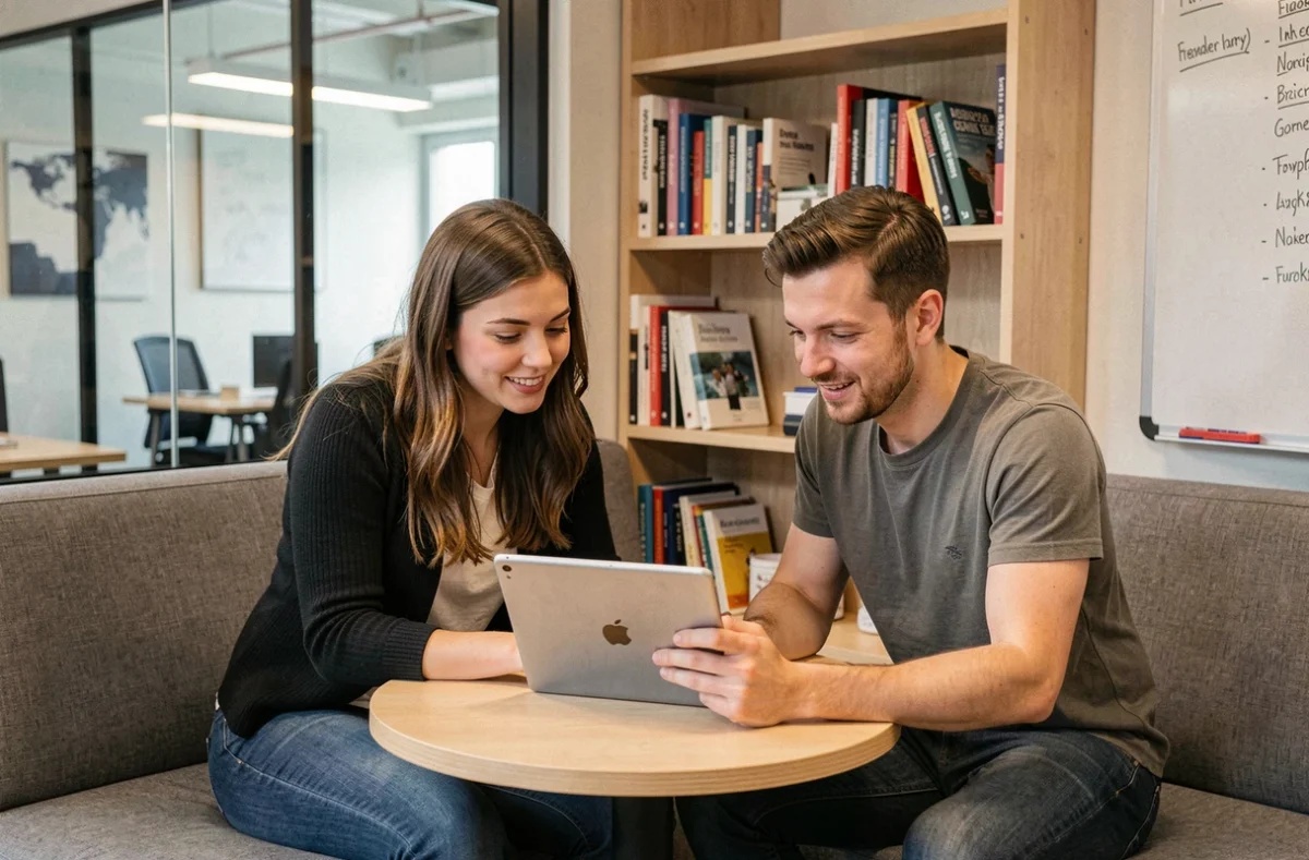Deux freelances en réunion informelle dans un espace de coworking à Meaux autour d'une tablette