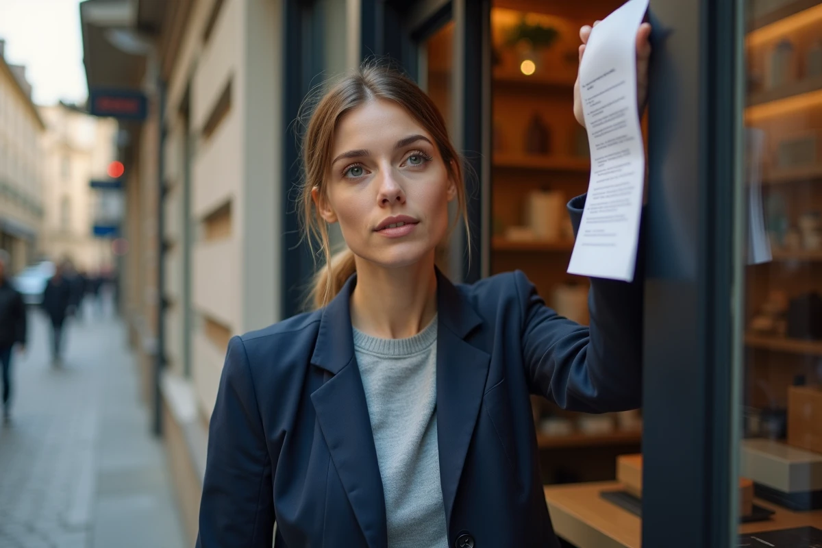 Propriétaire de commerce affichant le renouvellement de son bail commercial à l'entrée de sa boutique