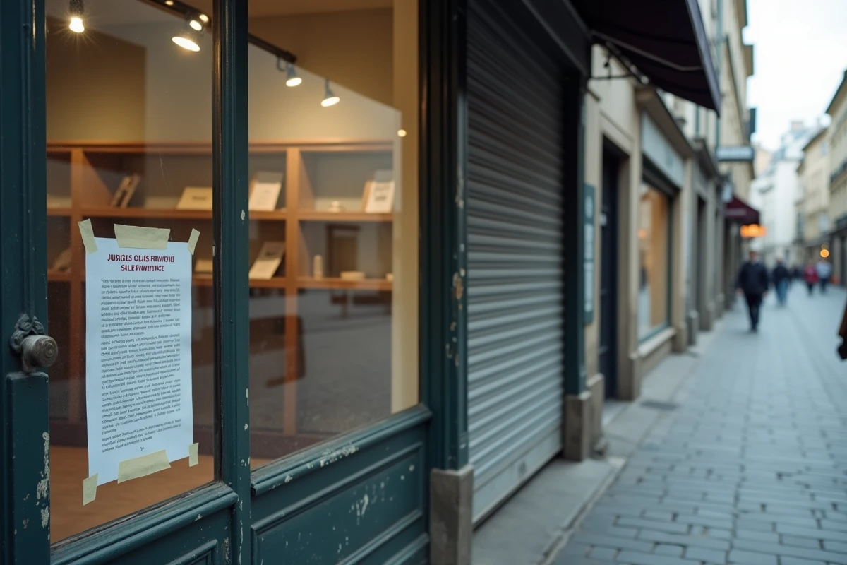 Devanture de commerce fermé avec avis de liquidation judiciaire affiché sur la porte