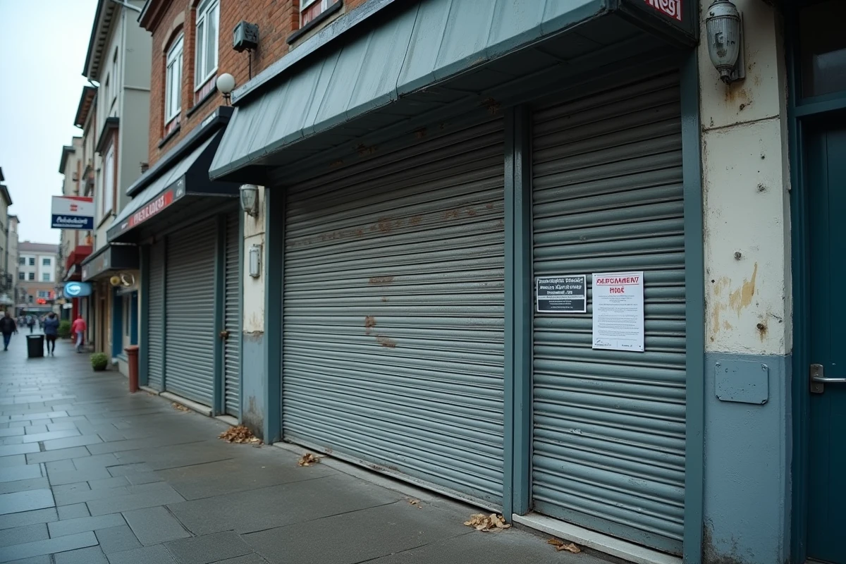 Devanture de commerce fermé avec avis de liquidation judiciaire affiché