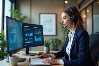 Commercial sédentaire femme au téléphone avec casque dans un bureau moderne devant des écrans CRM