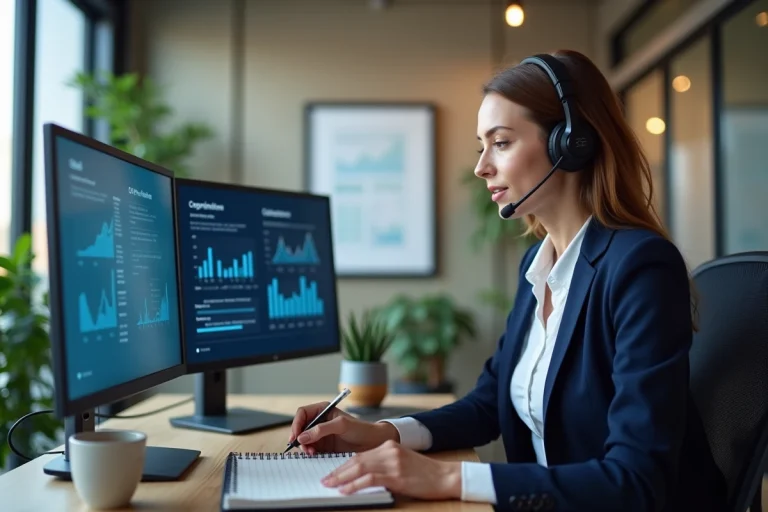 Commercial sédentaire femme au téléphone avec casque dans un bureau moderne devant des écrans CRM