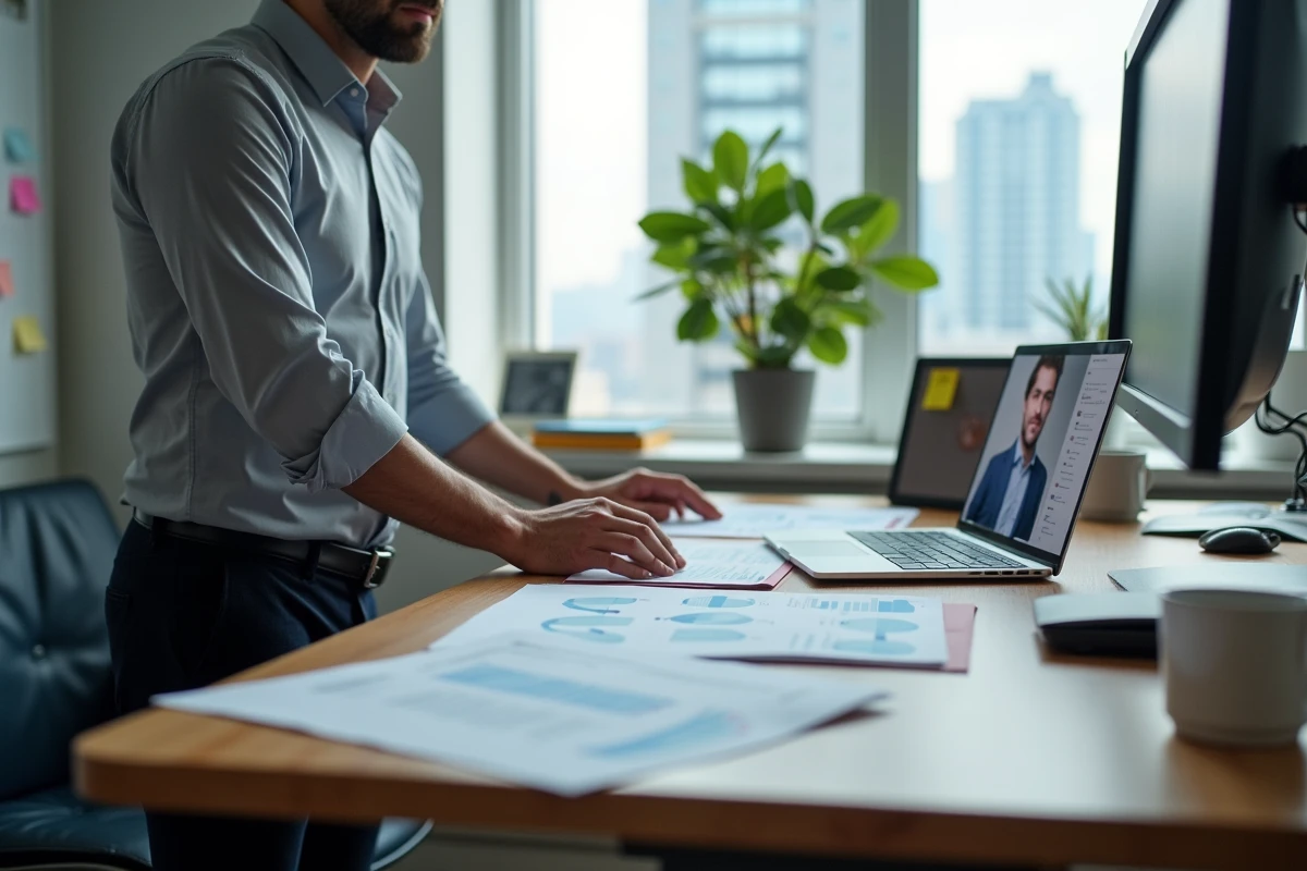Commercial sédentaire homme debout à son bureau révisait des rapports de vente avec ordinateur portable