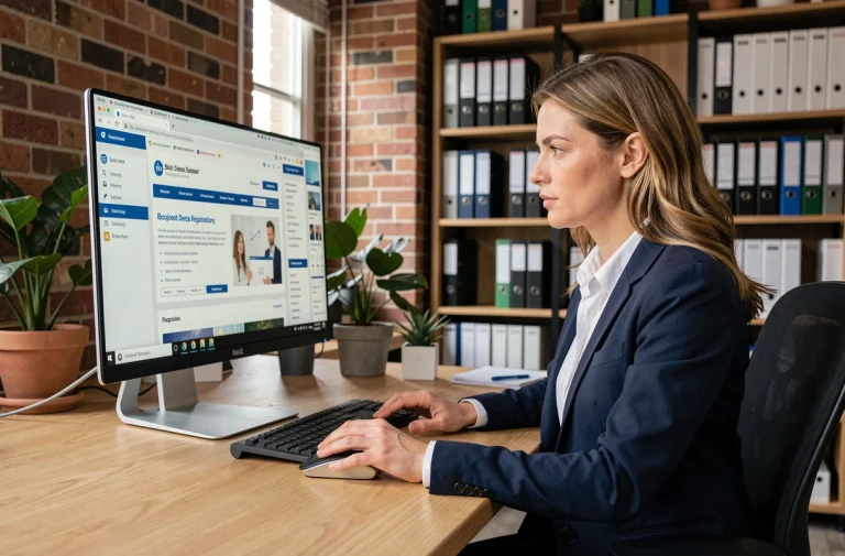 Femme entrepreneur comparant des sites de création d'entreprise sur ordinateur dans un espace de coworking moderne