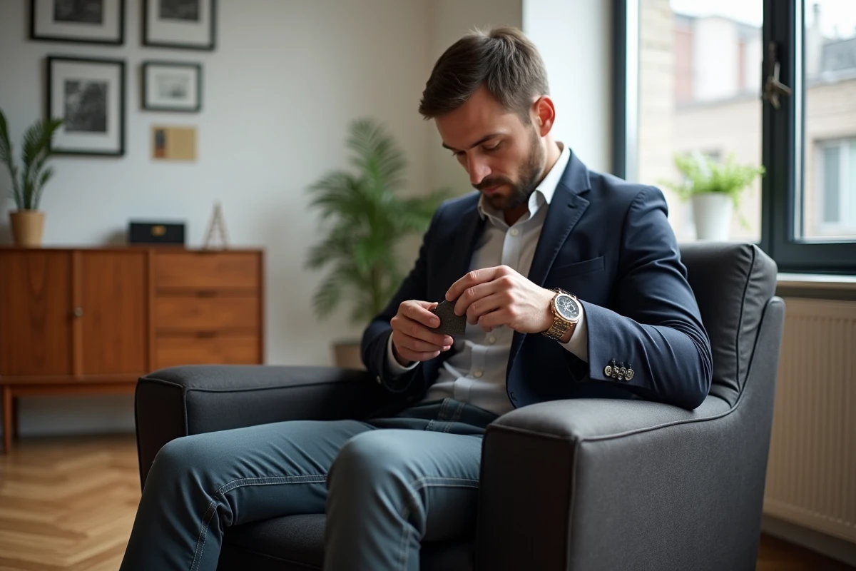 Homme comparant des échantillons de tissu sur un fauteuil tapissé gris lors d'un achat de mobilier