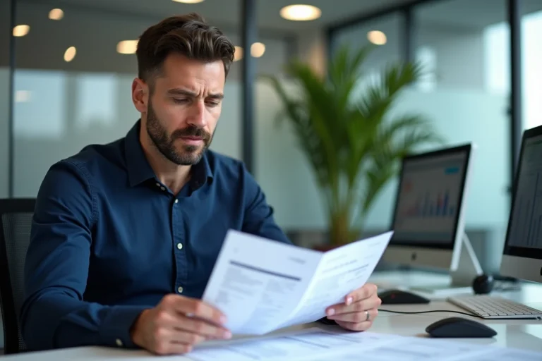 Comptable examinant des fiches de paie et documents de cotisations sociales dans un bureau moderne