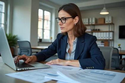Comptable en blazer marine analysant des documents fiscaux liés à la TVA dans un bureau moderne