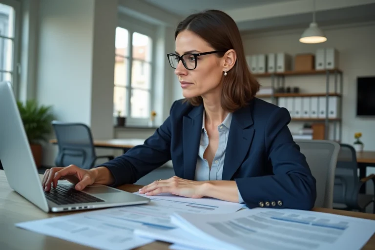 Comptable en blazer marine analysant des documents fiscaux liés à la TVA dans un bureau moderne