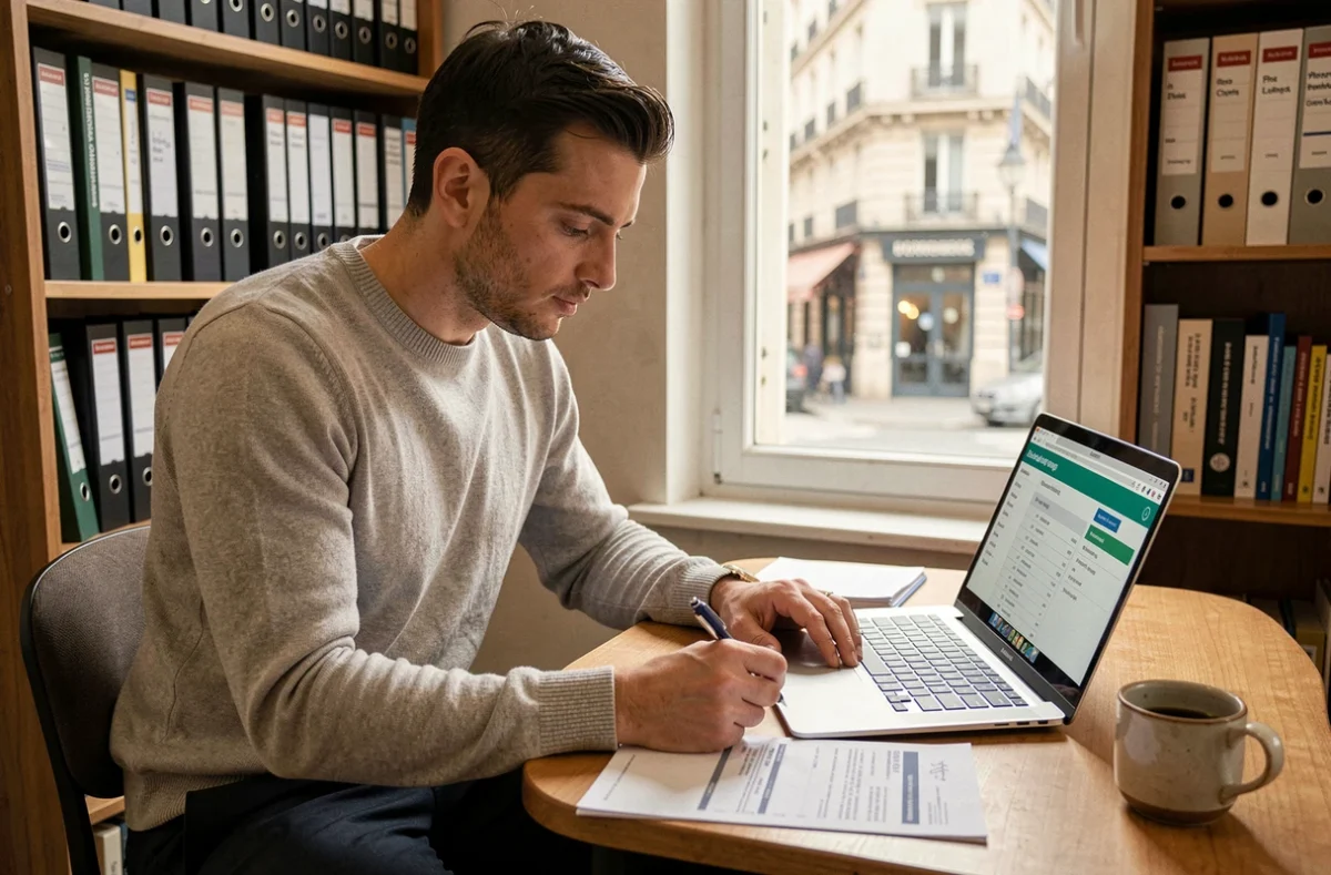 Comptable comparant des factures papier et numériques dans un cabinet comptable parisien
