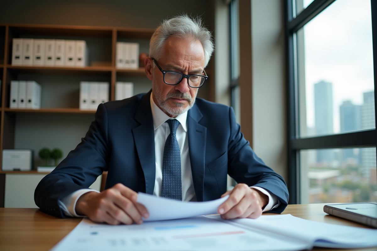 Homme comptable en costume navy dans un bureau organisé