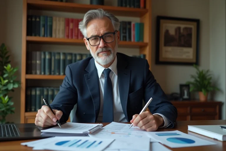 Comptable français en costume marine examinant des documents fiscaux relatifs à l'impôt sur les sociétés dans un bureau professionnel