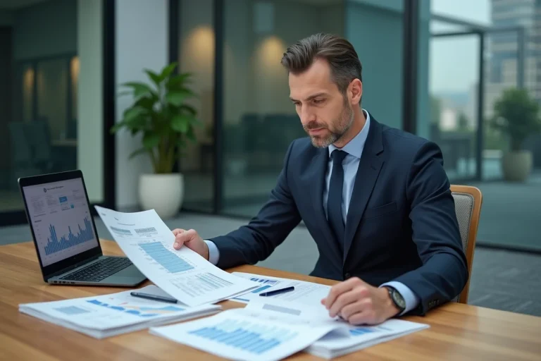 Comptable en costume marine analysant des documents fiscaux liés à l'impôt sur les sociétés dans un bureau moderne