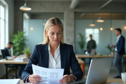 Comptable en réunion de travail avec des documents financiers et un ordinateur portable dans un bureau professionnel moderne