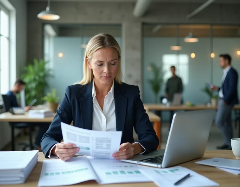Comptable en réunion de travail avec des documents financiers et un ordinateur portable dans un bureau professionnel moderne