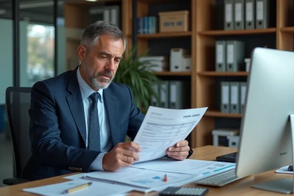 Comptable analysant le barème de l'impôt sur les sociétés 2026 dans un bureau d'entreprise moderne