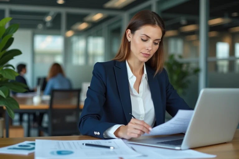 Femme professionnelle examinant des documents pour l'ouverture d'un compte professionnel CIC dans un bureau moderne