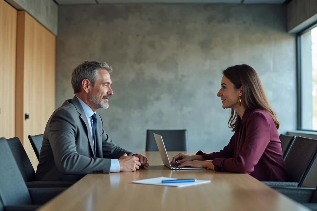 Réunion de conseil entre un expert et un entrepreneur autour d'un ordinateur portable dans un bureau moderne, symbolisant l'accompagnement personnalisé en création d'entreprise