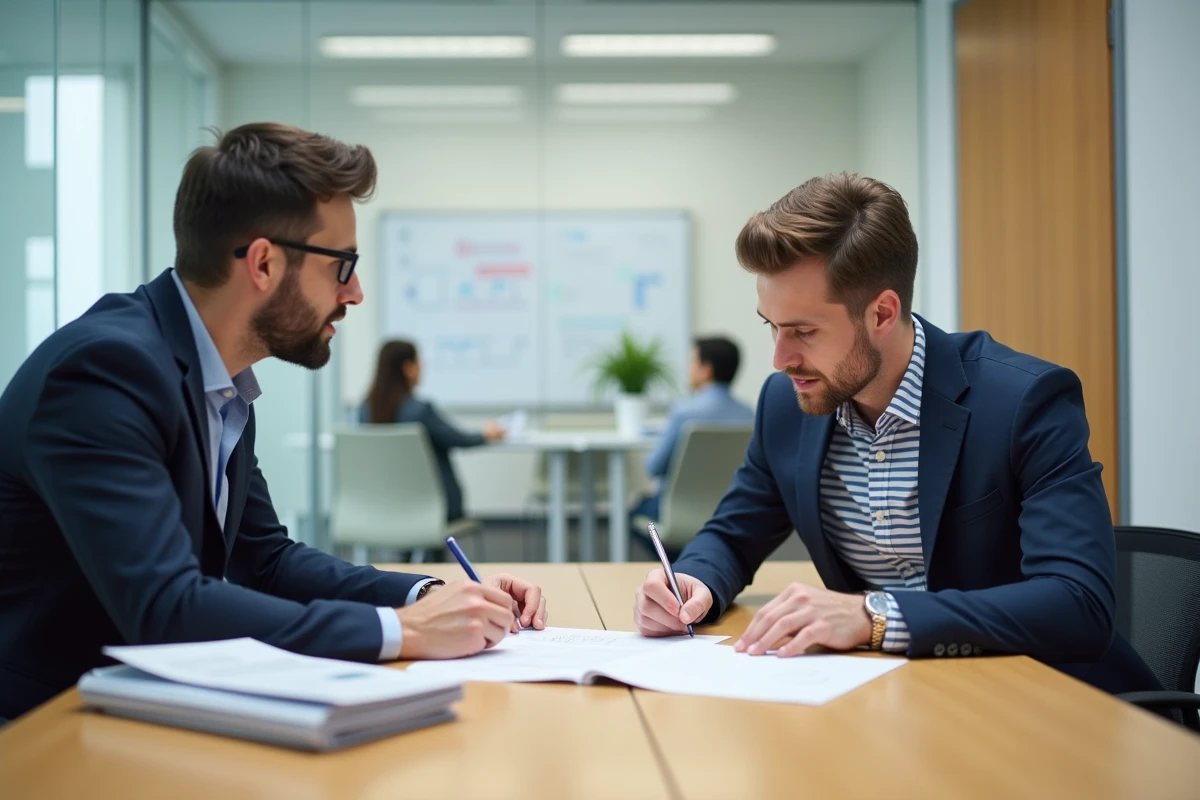 Conseiller expliquant les aides disponibles pour auto-entrepreneur lors d'un entretien administratif