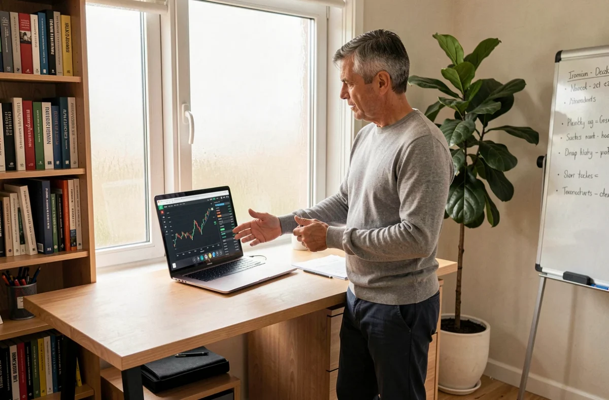 Consultant indépendant analysant des données financières sur un écran dans son bureau à domicile pour comprendre le portage salarial