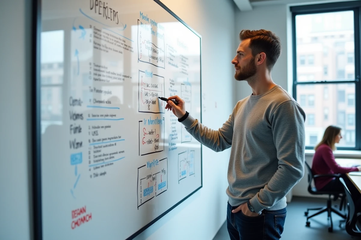 Consultant marketing présentant un plan stratégique sur un tableau blanc dans un espace de coworking