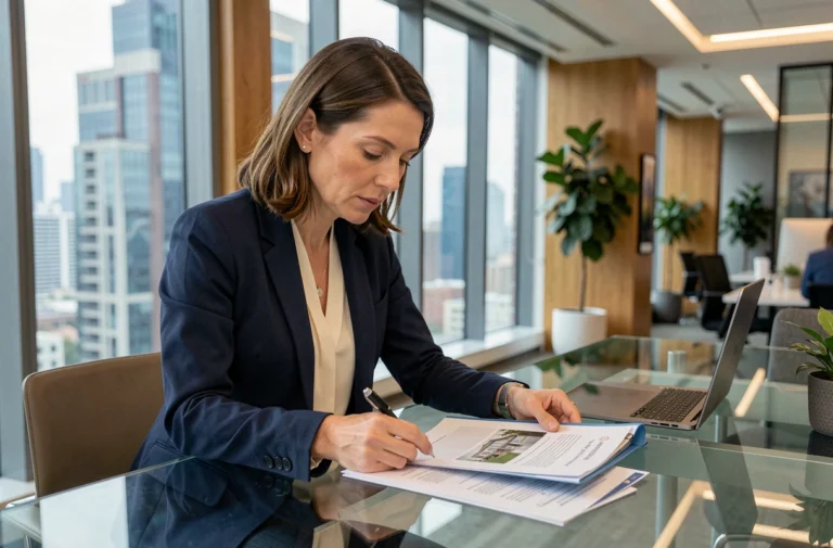 Consultante immobilière en portage salarial travaillant sur des documents et une tablette dans un espace de coworking moderne
