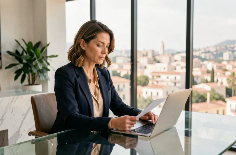 Consultante indépendante en portage salarial travaillant dans un bureau moderne avec vue sur la ville